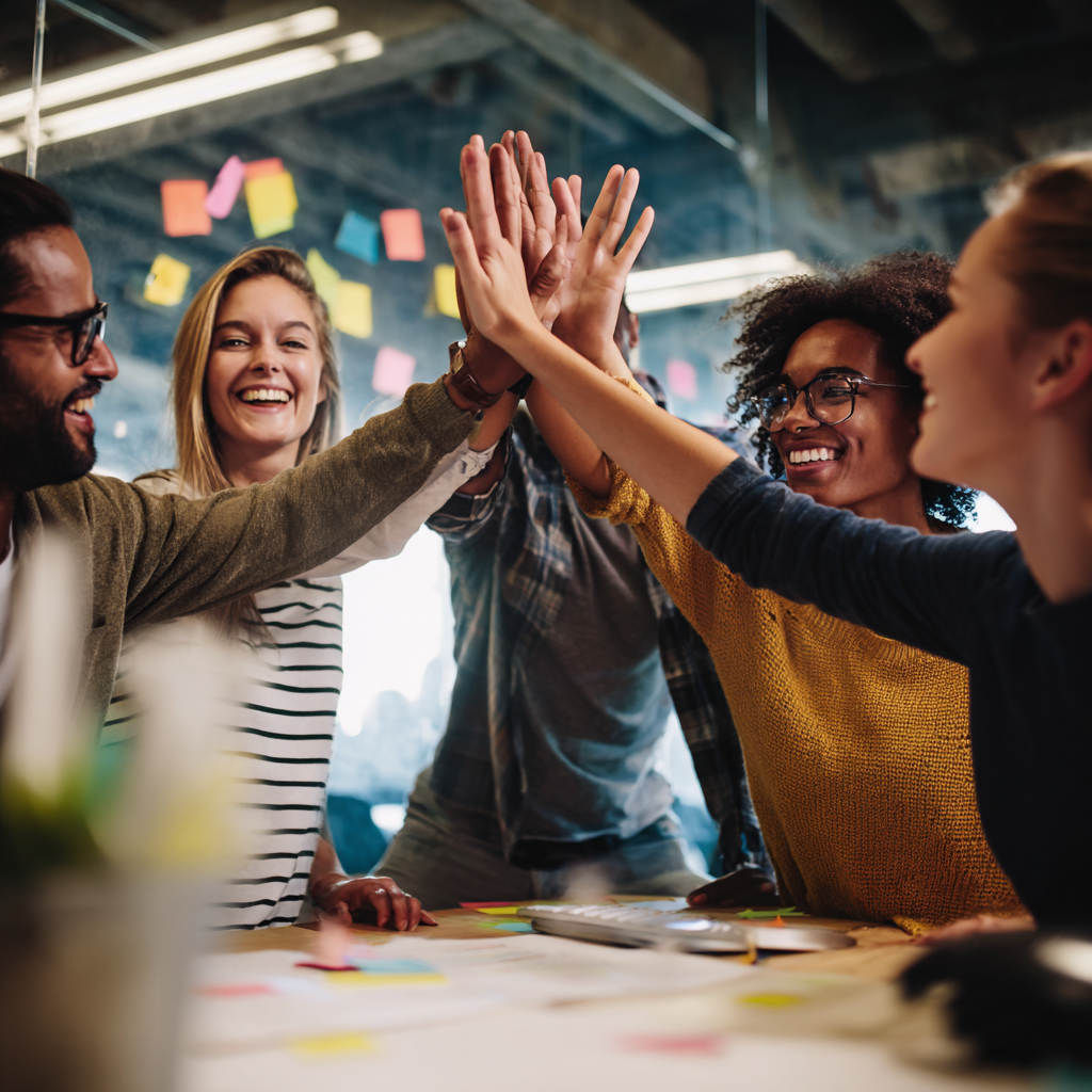 A diverse team collaborating in a modern office